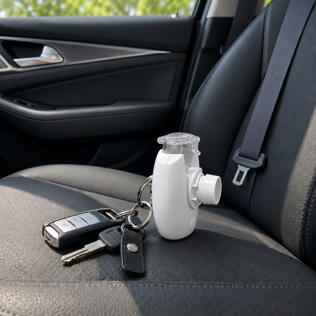Micro Mist Pro attached to a set of keys on a car seat