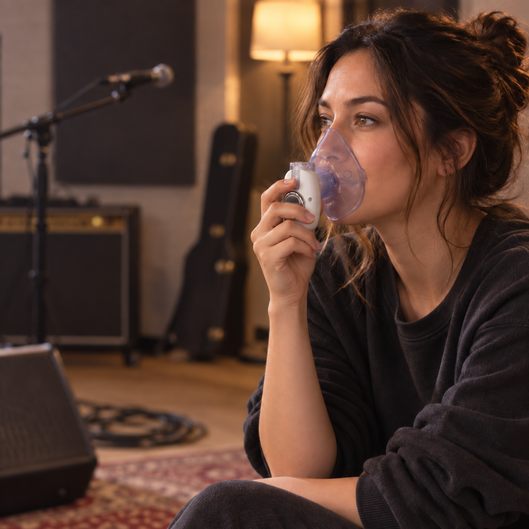 Singer using Micro Mist Pro with a mask during a quiet break in a music studio
